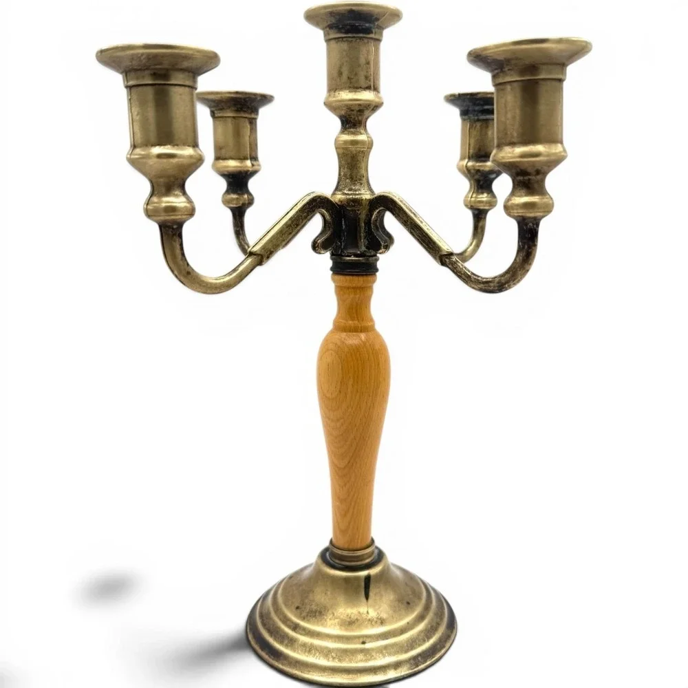Vintage Italian Brass Wood 5 Arm Candelabra Candle Holder Made in Italy 12